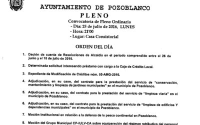 Orden del día del Pleno ordinario correspondiente al mes de Julio