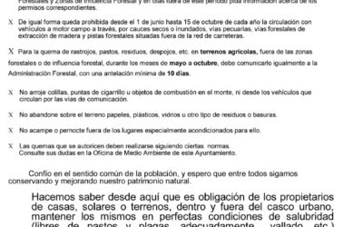 Bando del alcalde sobre la prevención en época de riesgo de incendios