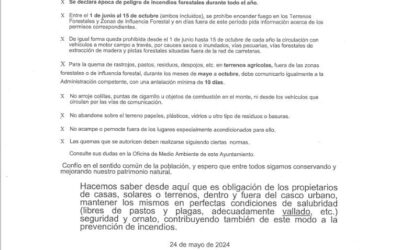 Bando municipal sobre la declaración del periodo de peligros de incendios forestales